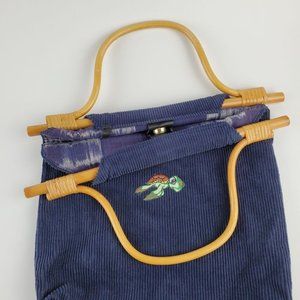 Sweet Handmade Bag Bamboo Handle Navy Corduroy Handbag 11" LOVE! 70s Vibe